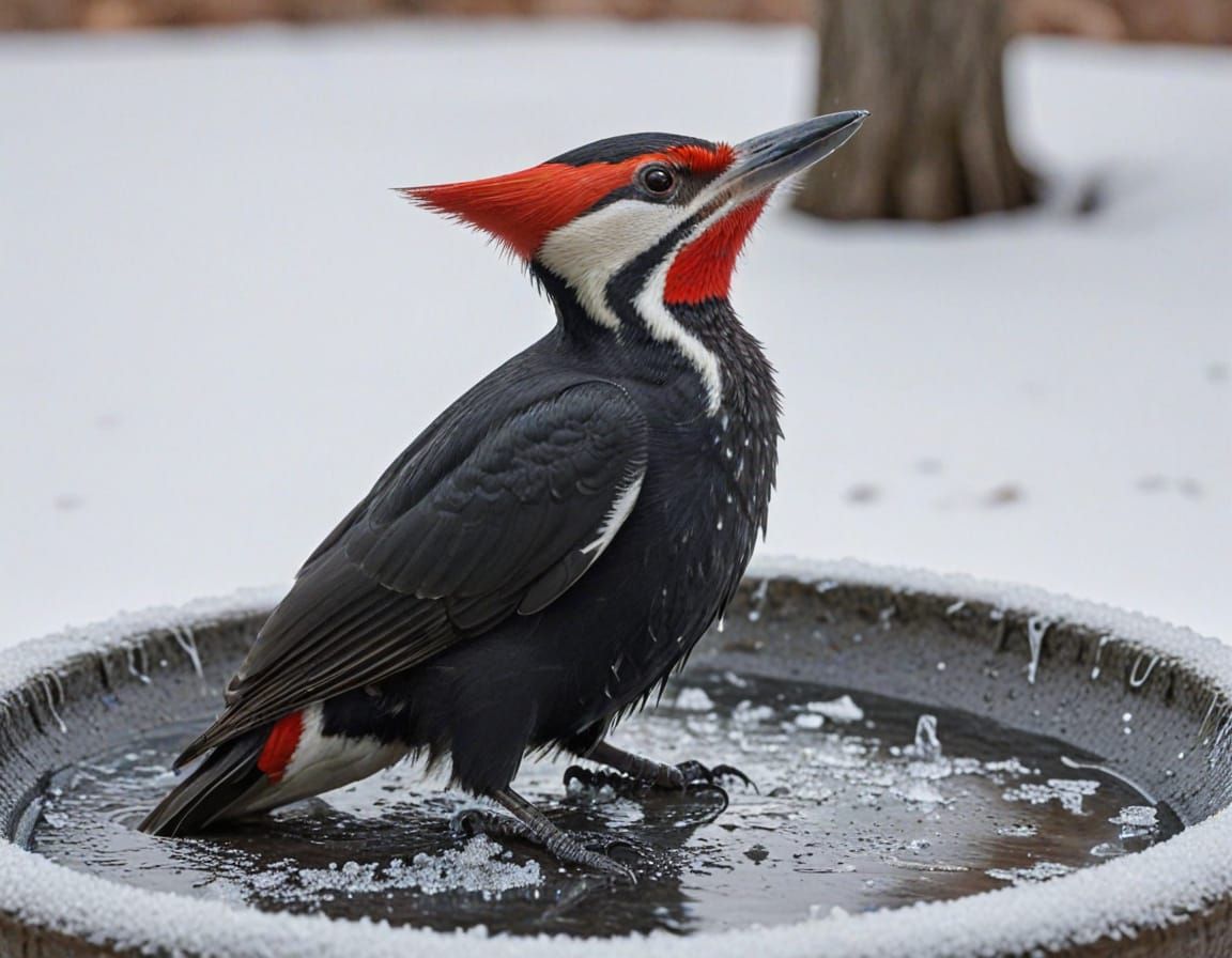 Pileated Woodpecker Chipping Ice in Frozen Birdbath