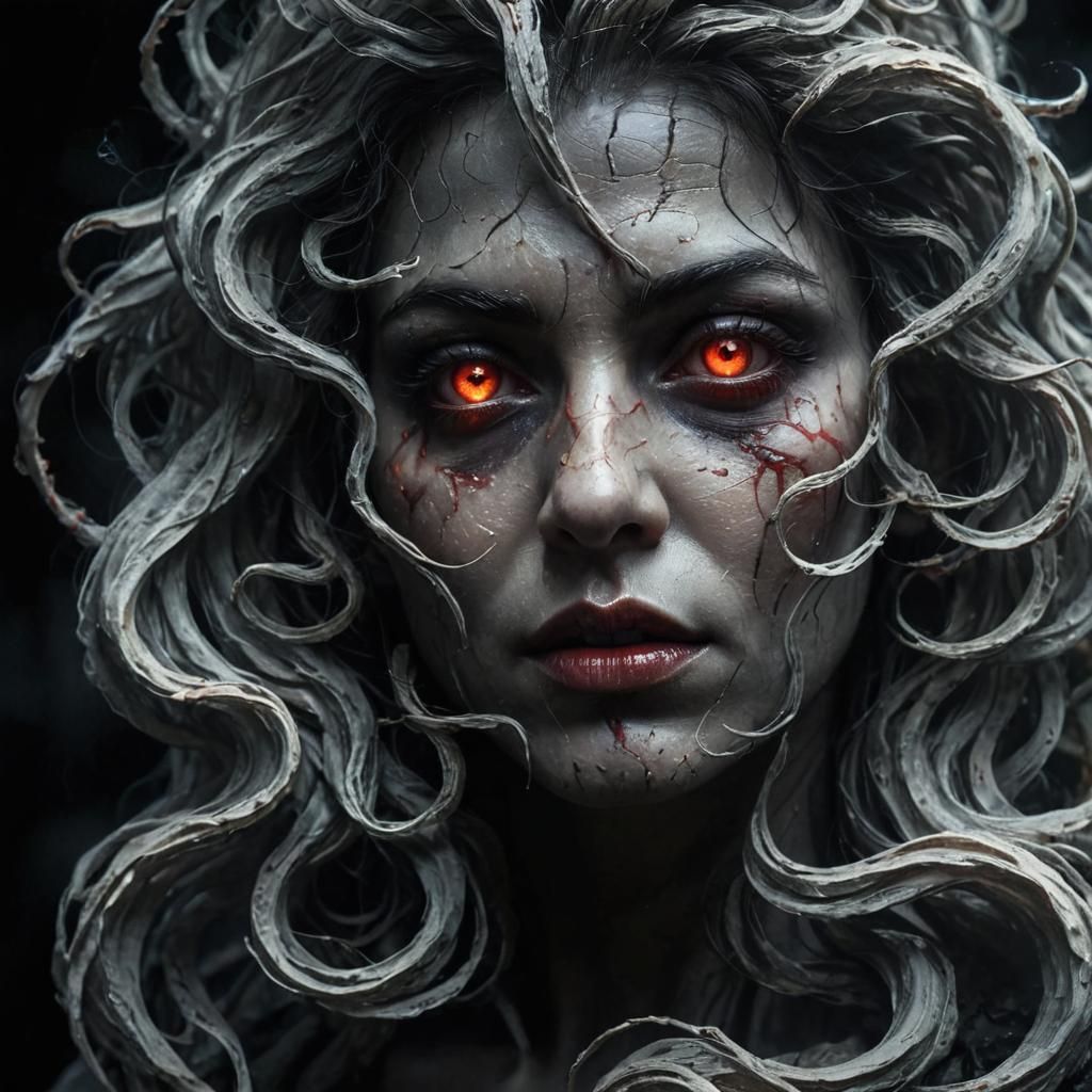 Eerie Portrait of Glowing Red Eyes in Dark Mist