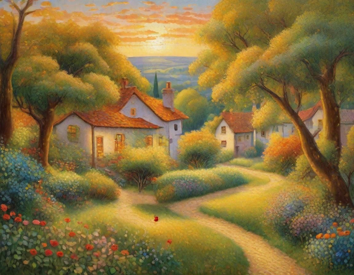 Village in Tree: Pointillist Oil Painting at Golden Hour