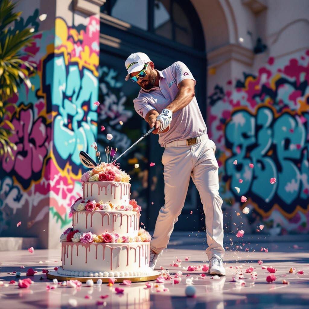 Golfer Swings at Cake in Hyperrealistic Sci-Fi Scene
