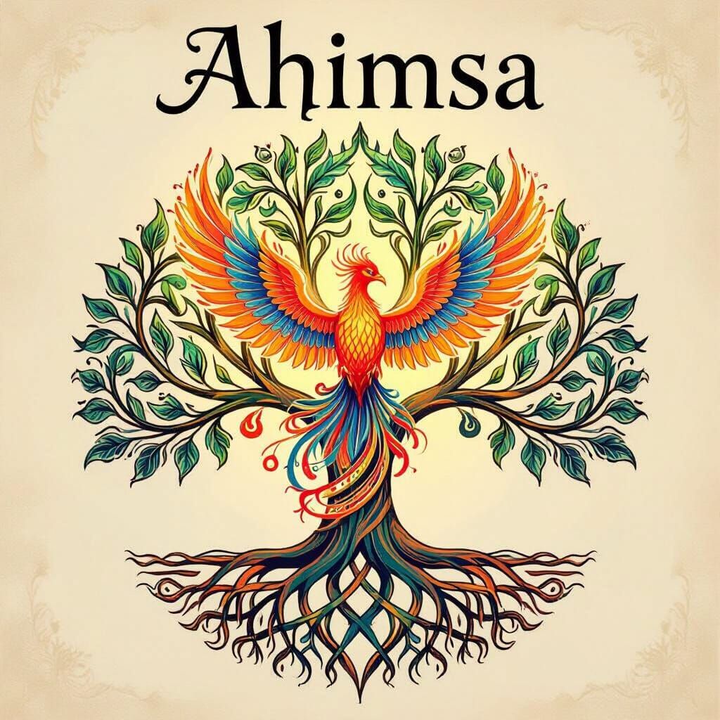 Ahimsa Tattoo Design: Phoenix and Tree of Life