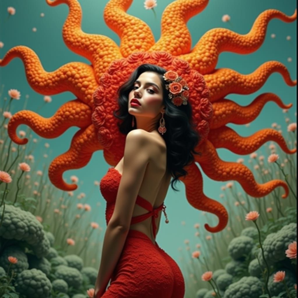 Elegant Woman in Surreal Psychedelic Maximalist Scene