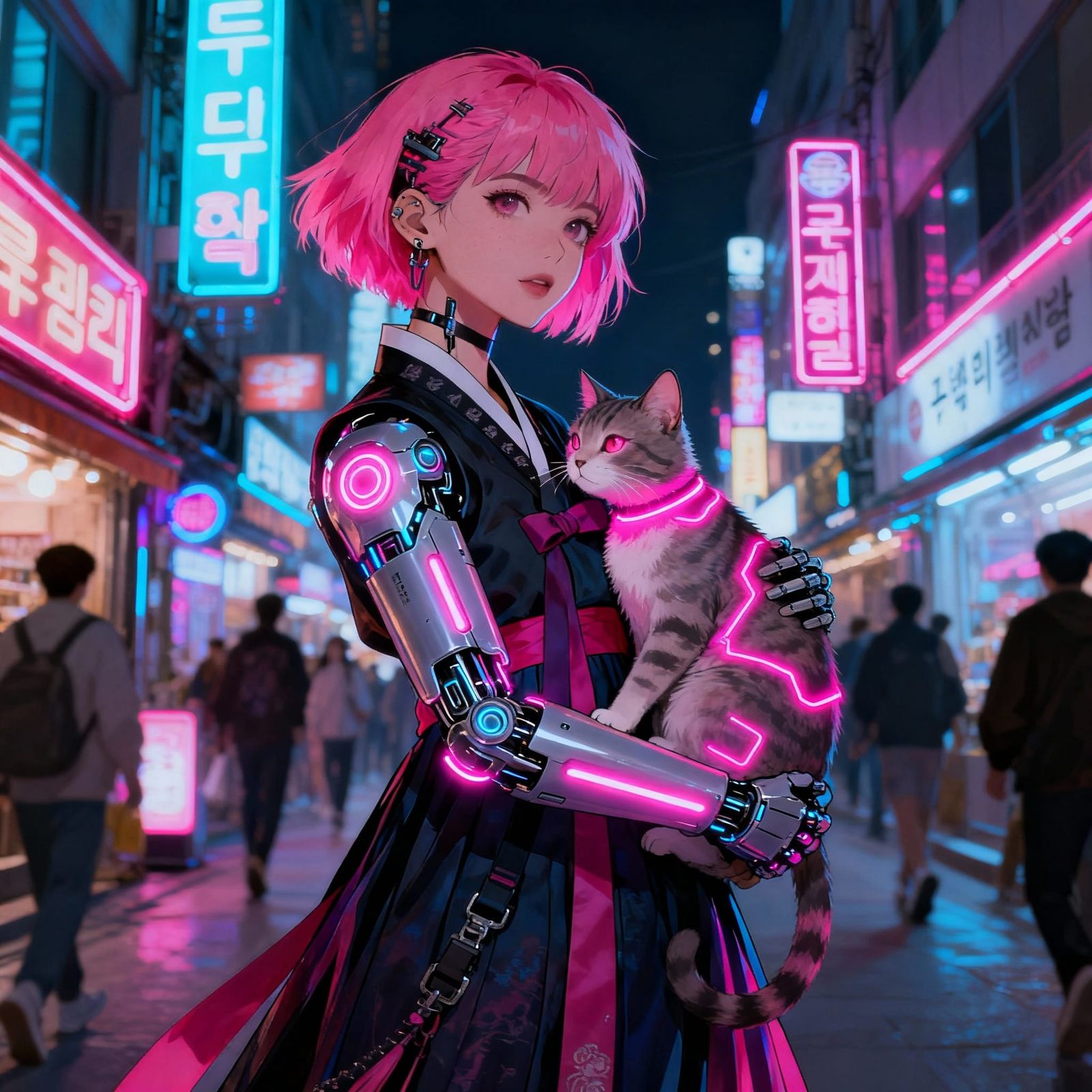 Cyberpunk Woman with Cybernetic Arm & Cat in Neon Seoul