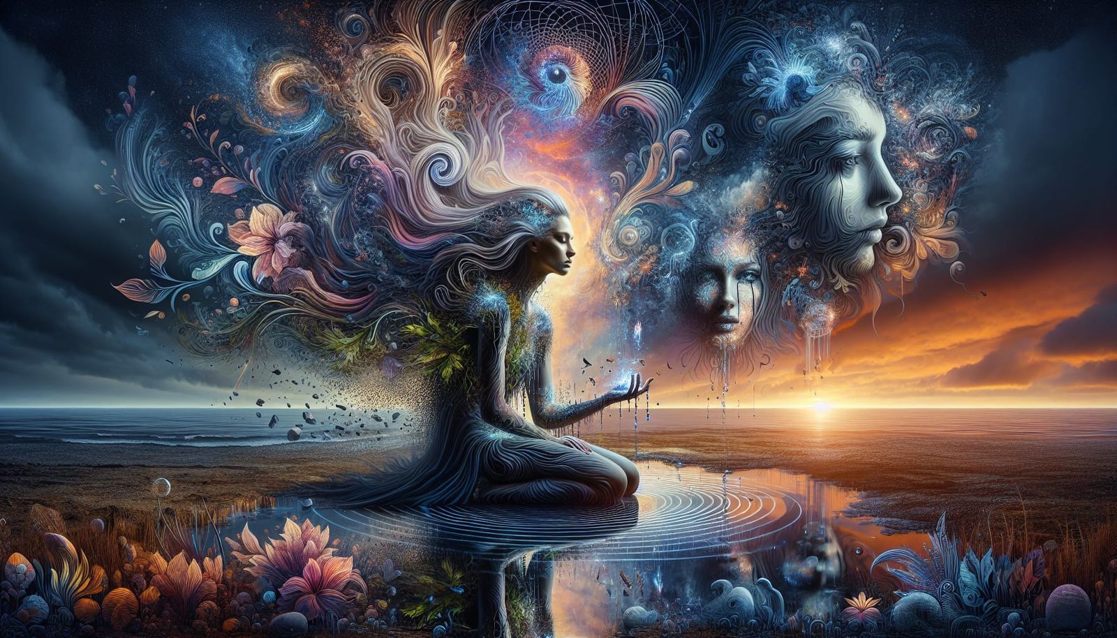 Bio Art Goddess Embracing Personal Growth Amidst Vibrant Sun...