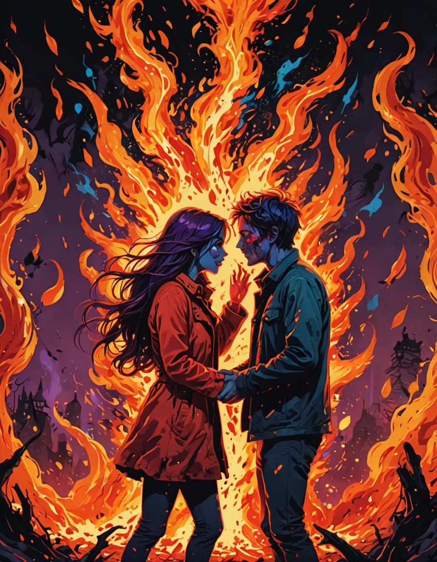 Vibrant Pop Art Explosion of a Fiery Embrace