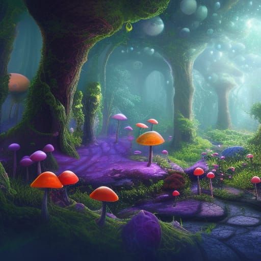 Fantastical Magic Mushrooms in Detailed Matte Painting