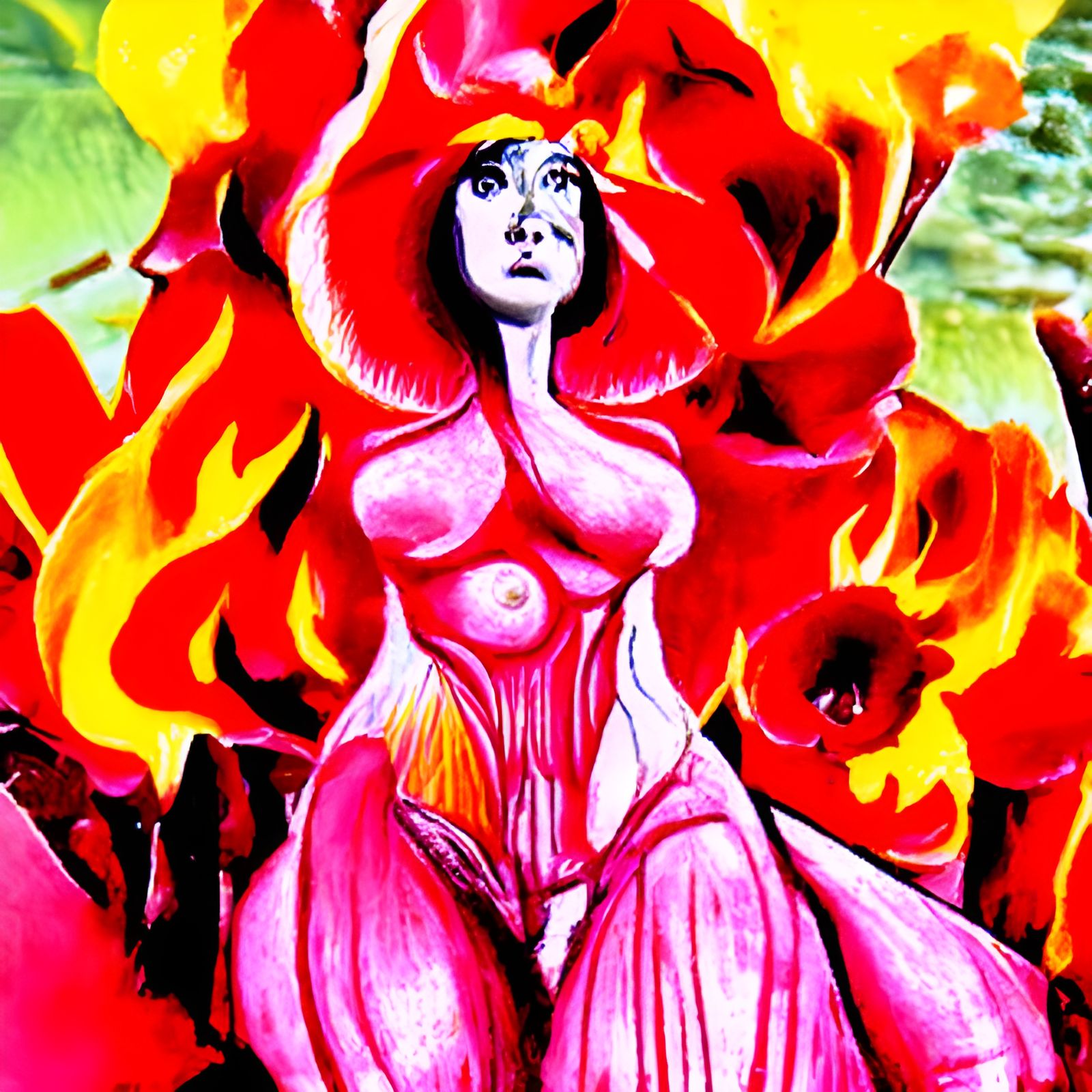 Futuristic Fire Goddess in Surrealist Ink Drawing