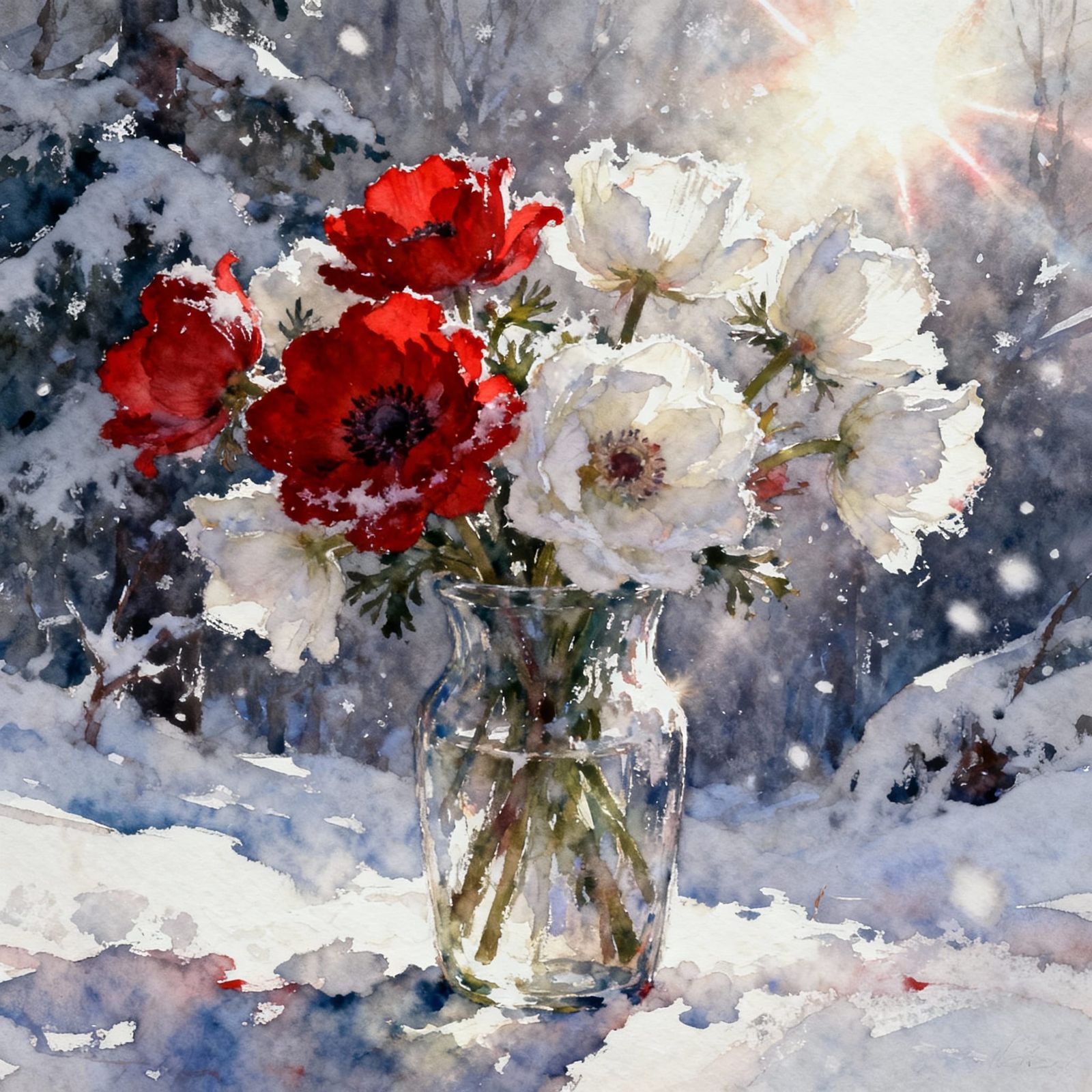 Watercolor Winter Flowers in Glass Vase