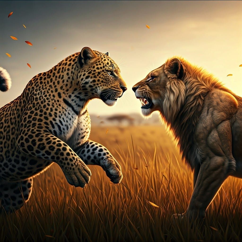 Leopard vs Lioness Standoff in Golden Savannah
