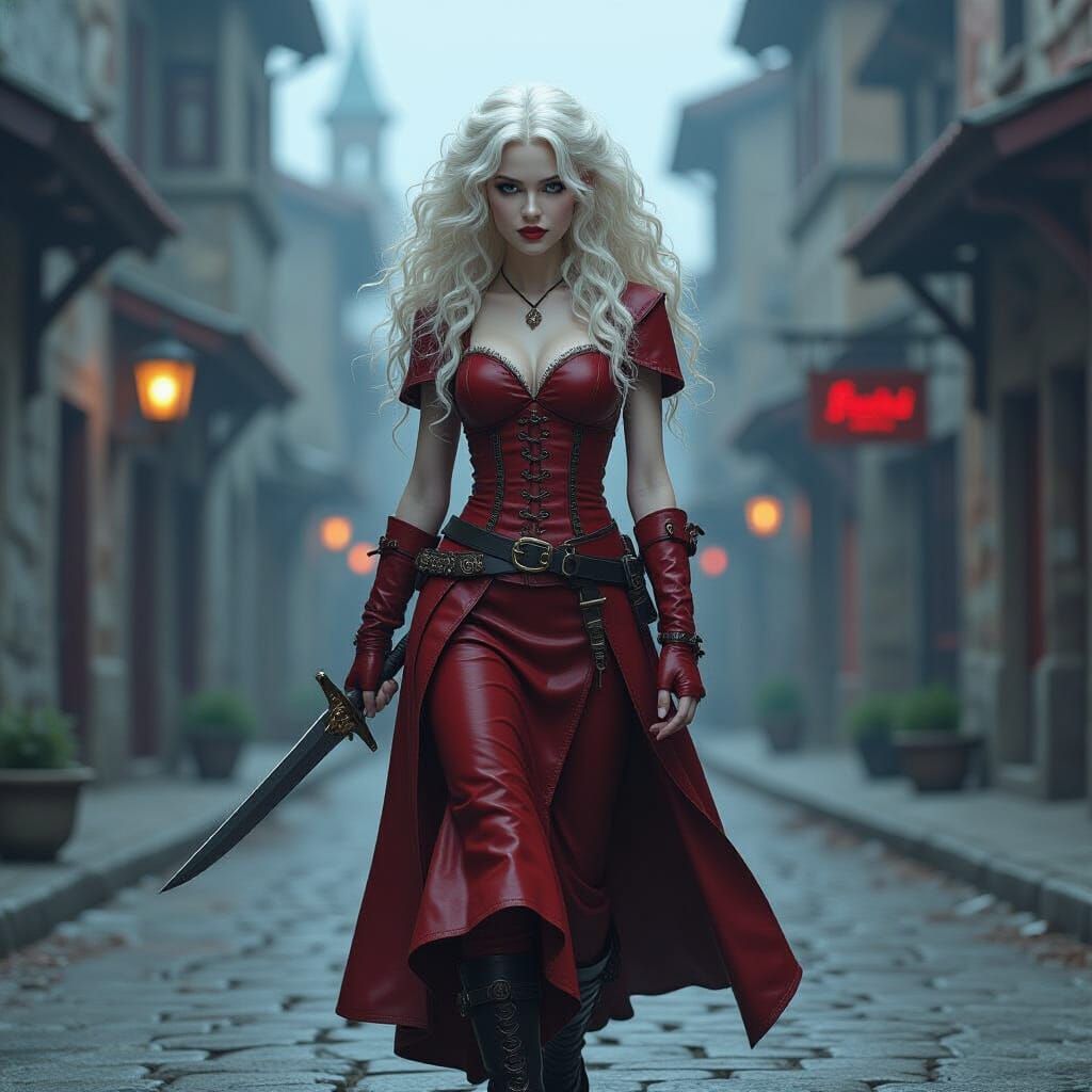 Albino Elf Maiden in Red Leather in Dark Fantasy City