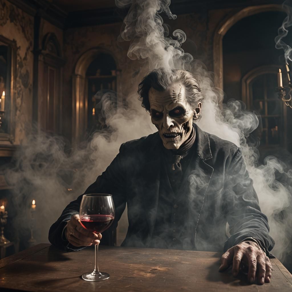 Eerie Ghostly Figure Drinking Wine in Haunted House