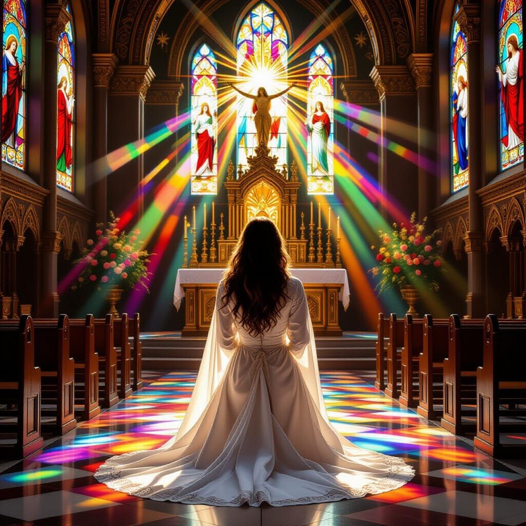 Woman Kneeling in Sunlit Sanctuary with Stained Glass