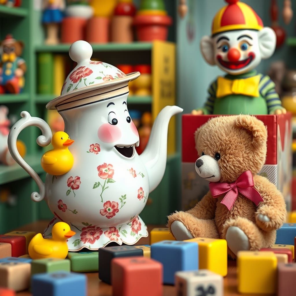 Whimsical Toy Store Scene with Teapot Character