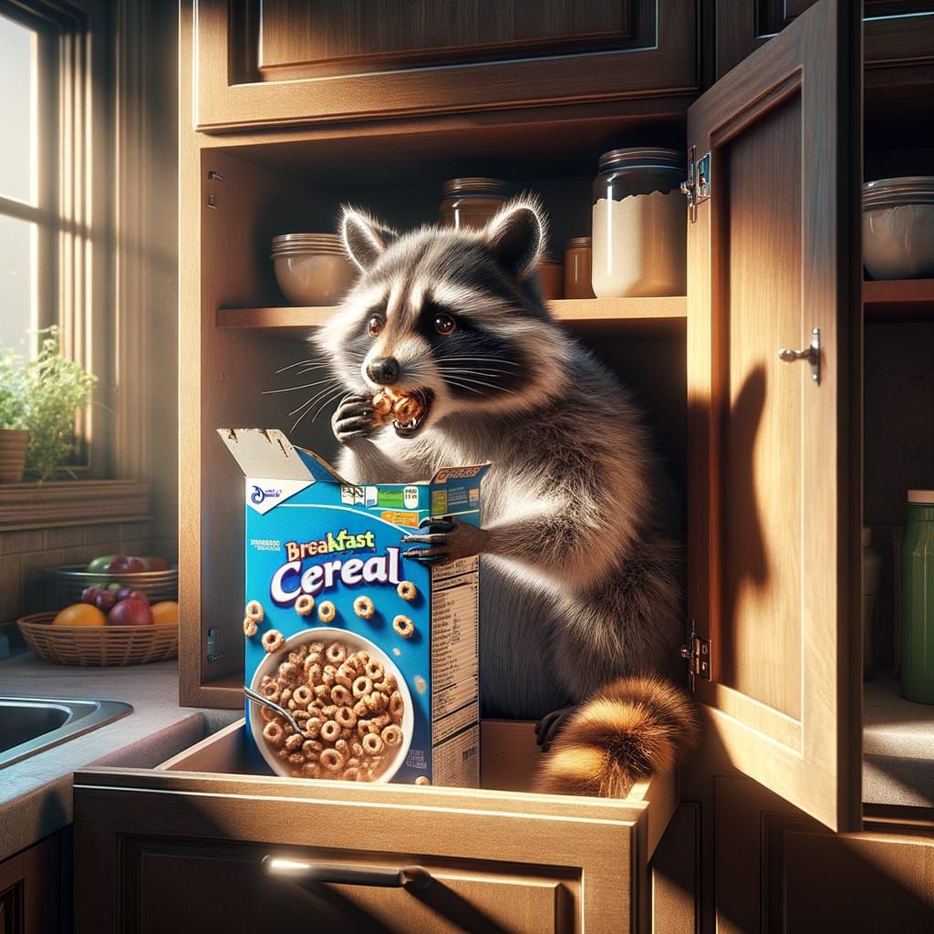 Mischievous Raccoon Munches on Cereal in Morning Kitchen