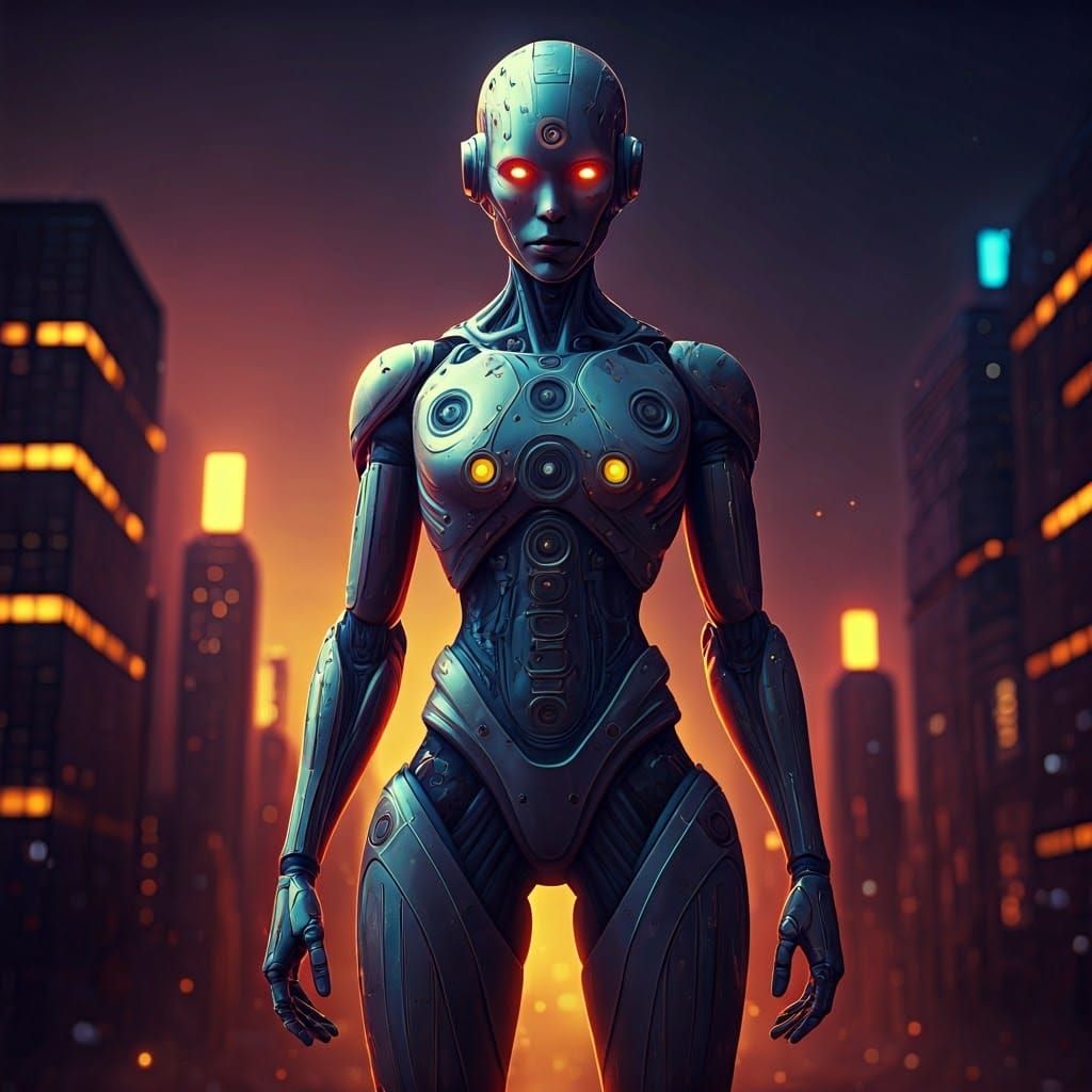 Cyberpunk Humanoid Robot in Neon Cityscape