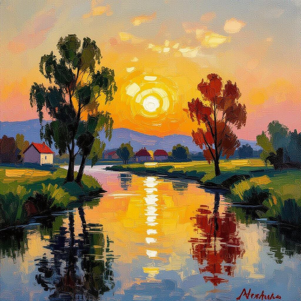 Impressionist Trees in Vibrant Yellow Sky and River