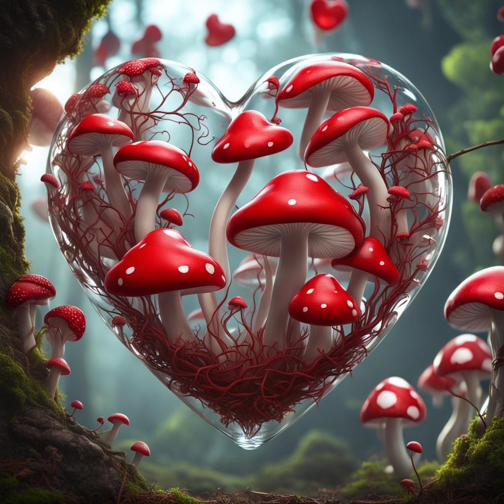 Glass Heart with Red Mushrooms, Fantasy Art