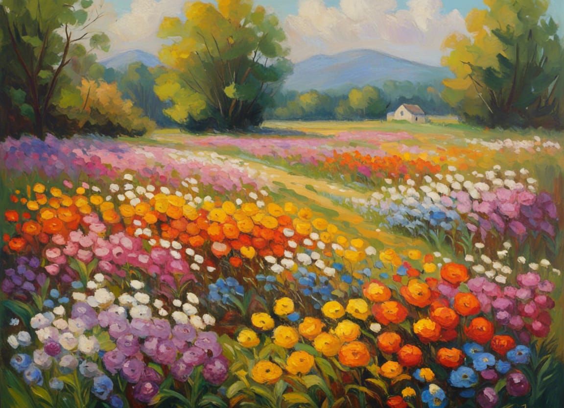 Impressionistic Flower Field in Vivid Colors