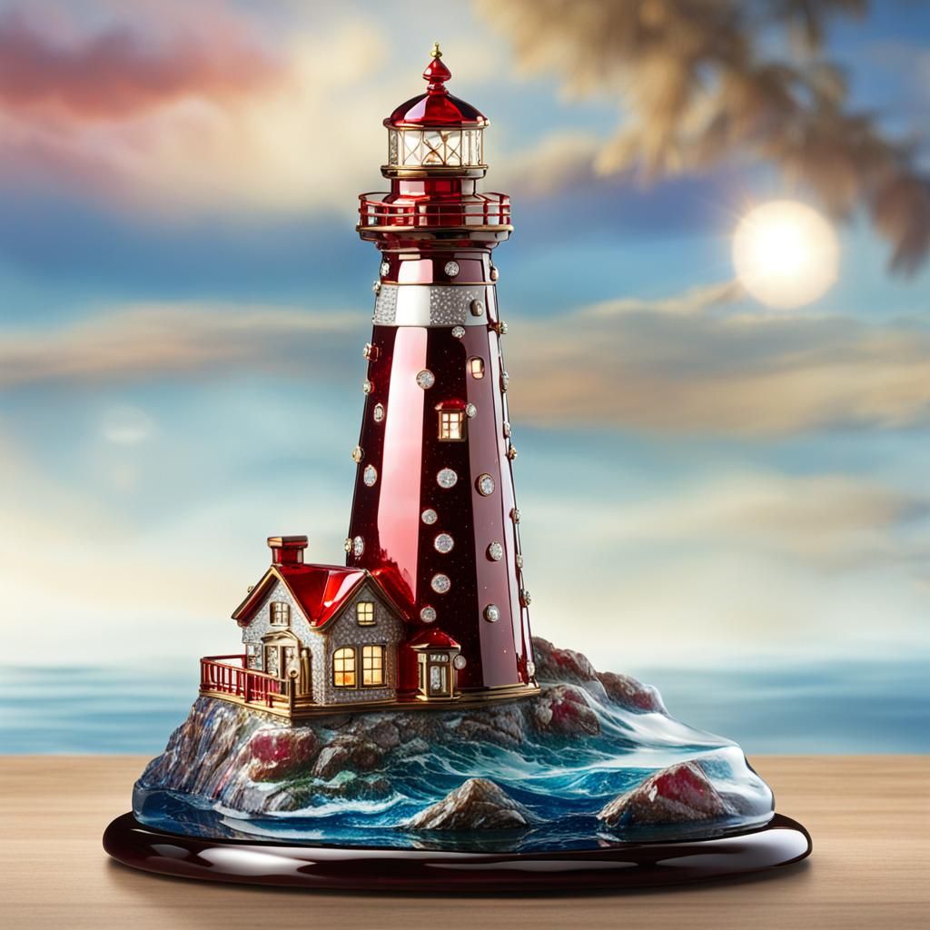 Enameled Glass Lighthouse Figurine with Gems