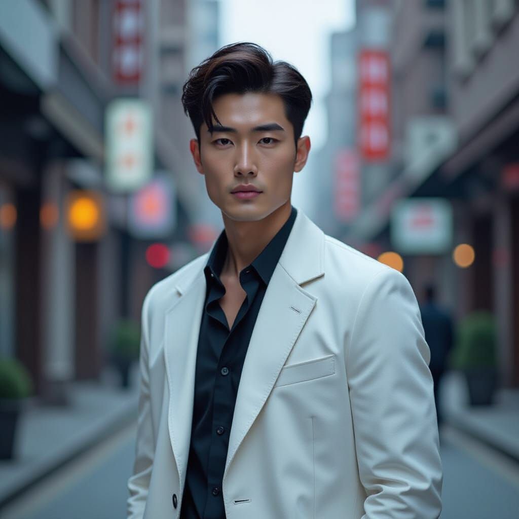 Korean Model in Dystopian Cityscape, Digital Art