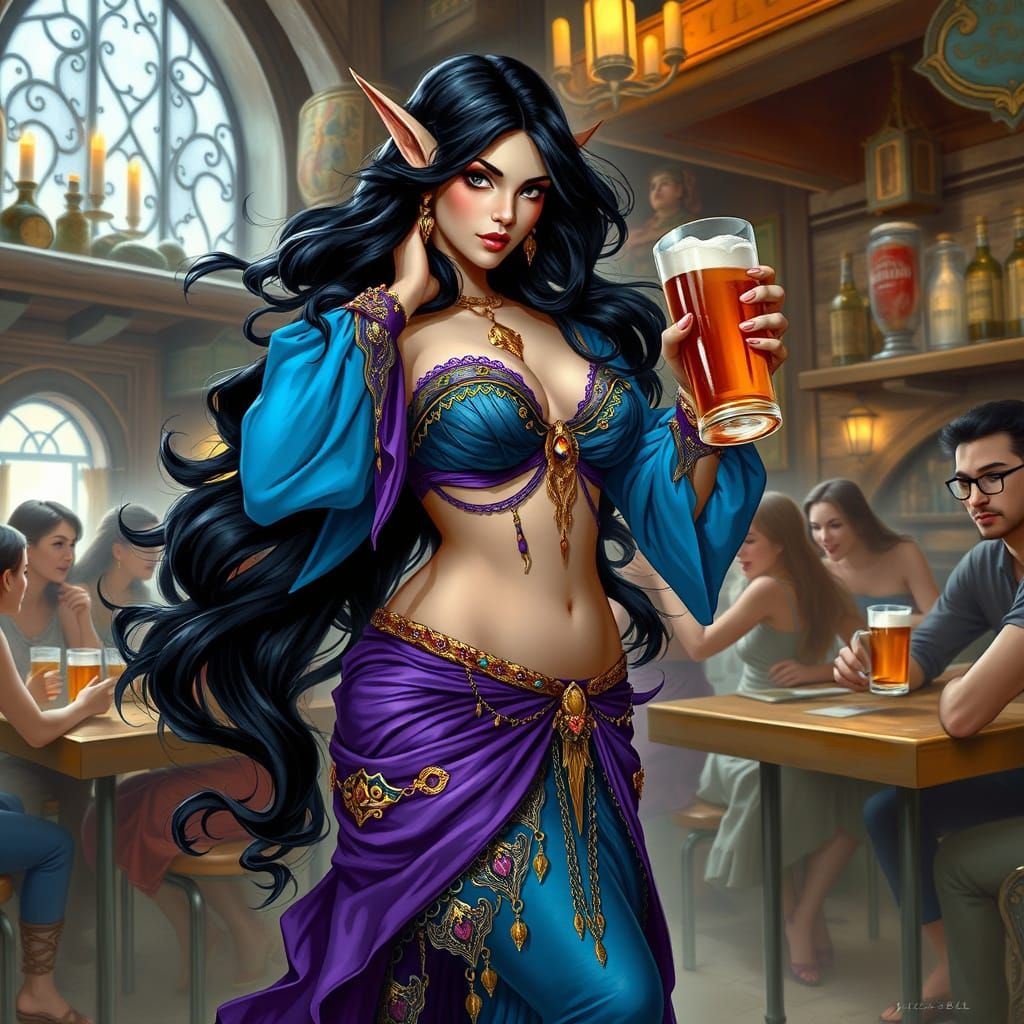 High Elf Belly Dancer in Tavern, Realistic Fantasy Art