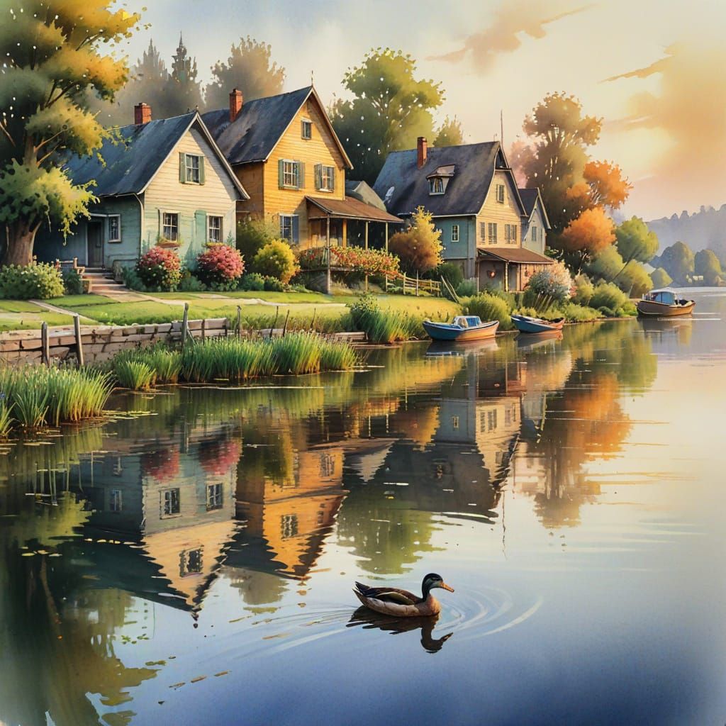 Watercolor Houses on Tranquil Waterfront at Golden Hour