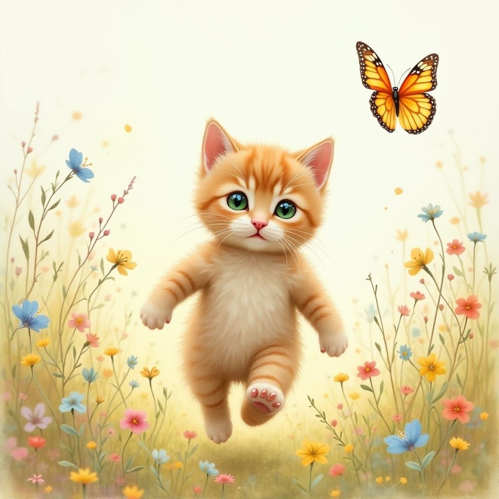 Whimsical Watercolor of Kitten Chasing Butterfly in Sunlit M...