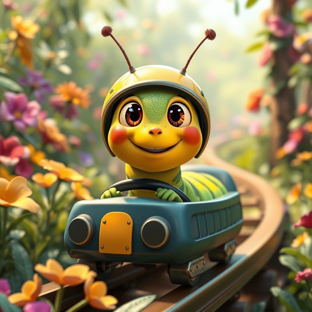 A CGI-style caterpillar with wide eyes and a big smile riding a miniature rollercoaster through a garden, antennae flyin...