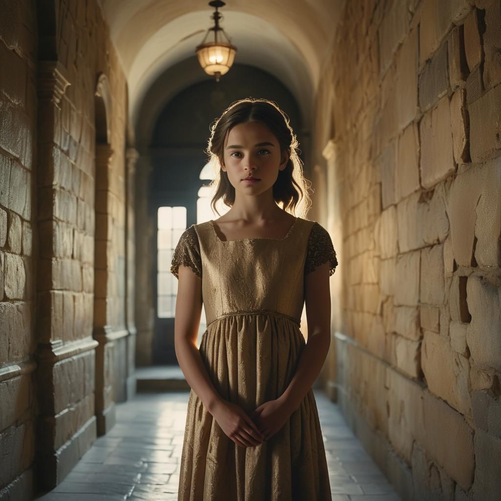 Girl in Hallway with Golden Light, Classical Realism