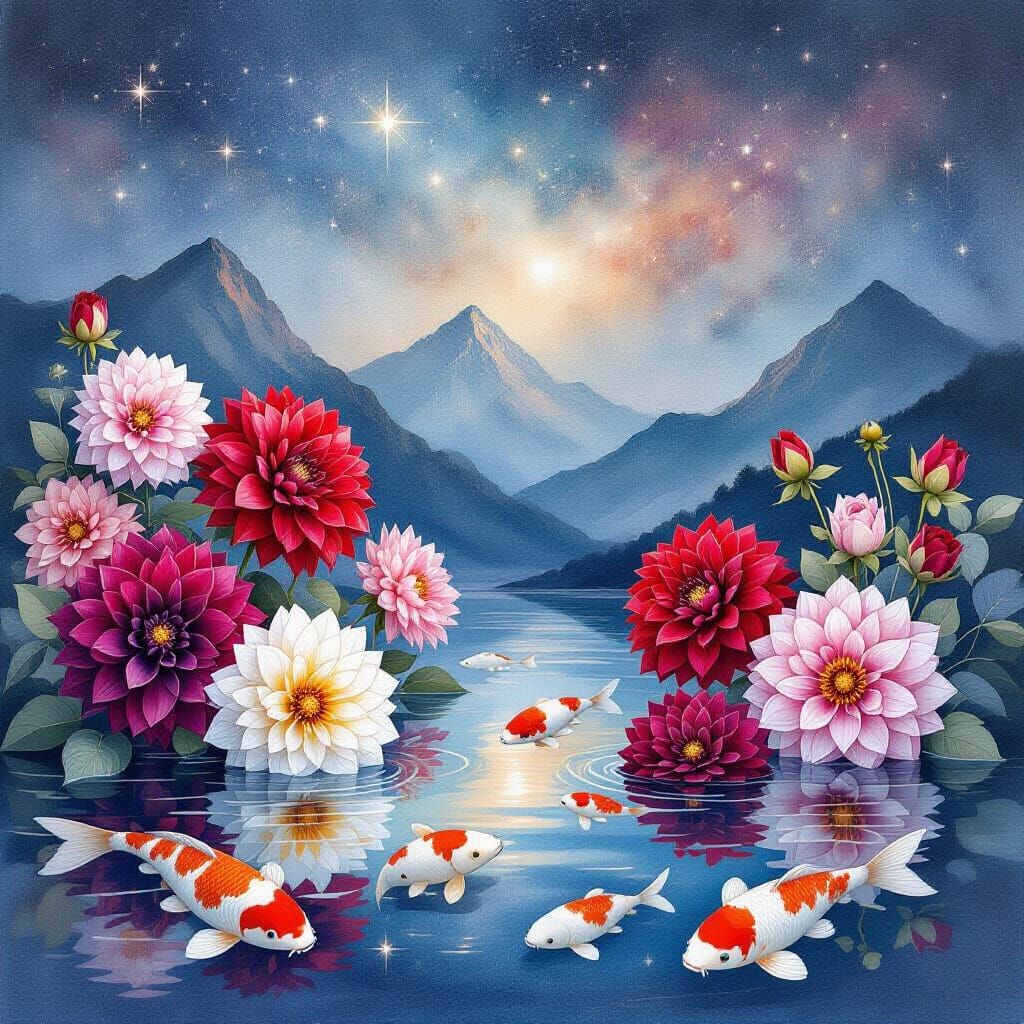 Ethereal Watercolor Floral Composition with Koi Fish