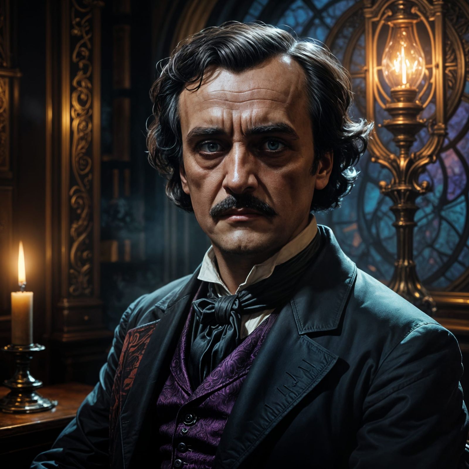 Detailed Portrait of Edgar Allan Poe in Art Nouveau Style