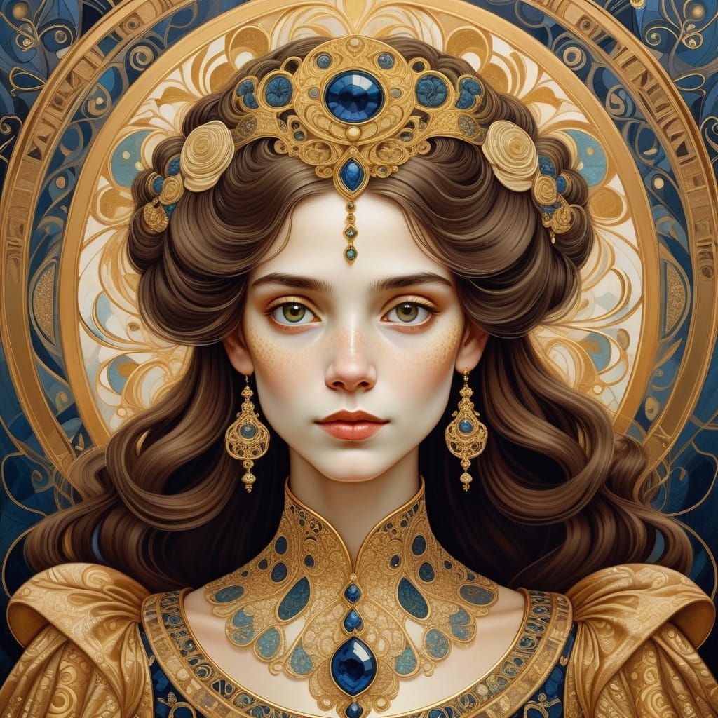 Regal Woman Portrait in Klimt Art Nouveau Style