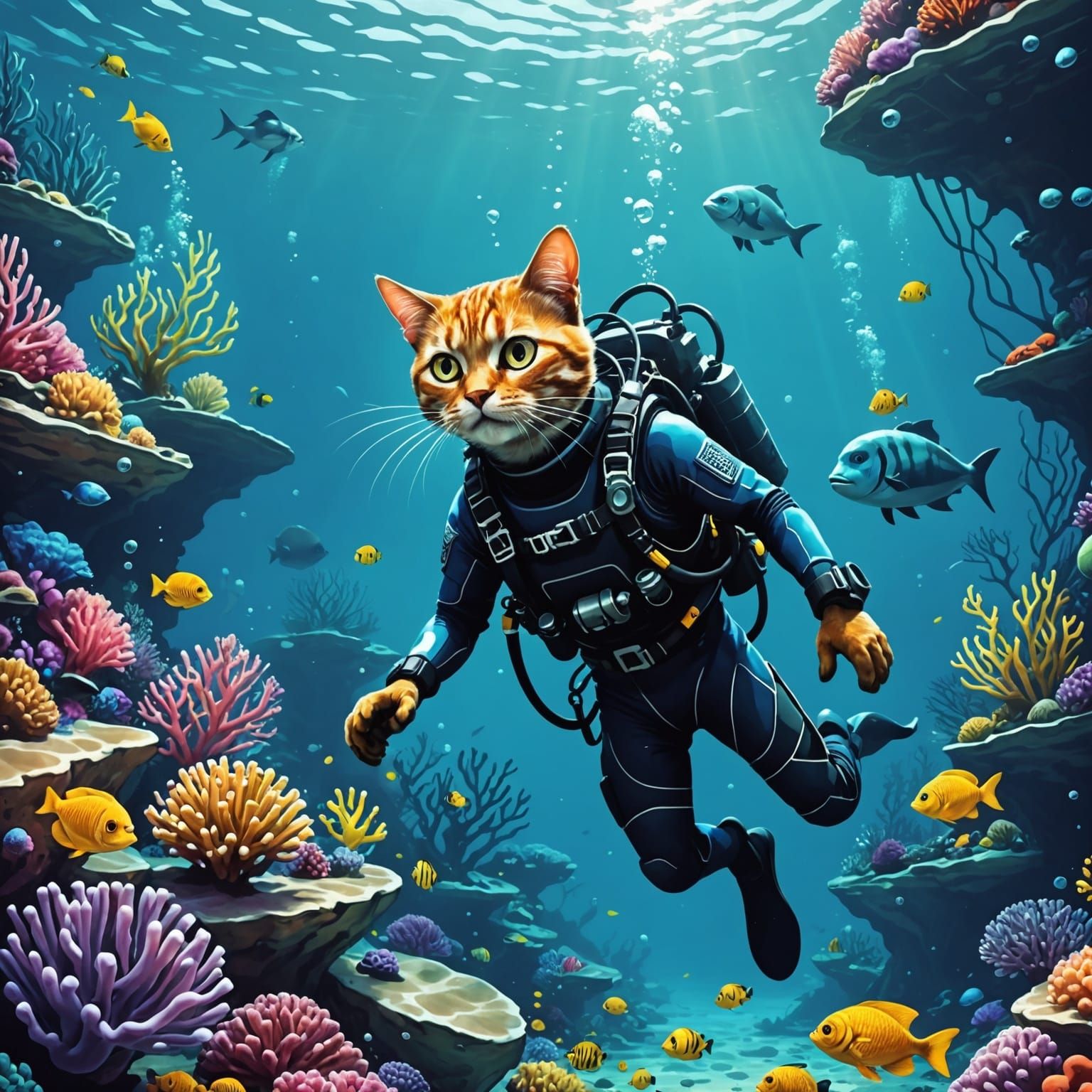 Cat Scuba Diver Restoring Coral Reef
