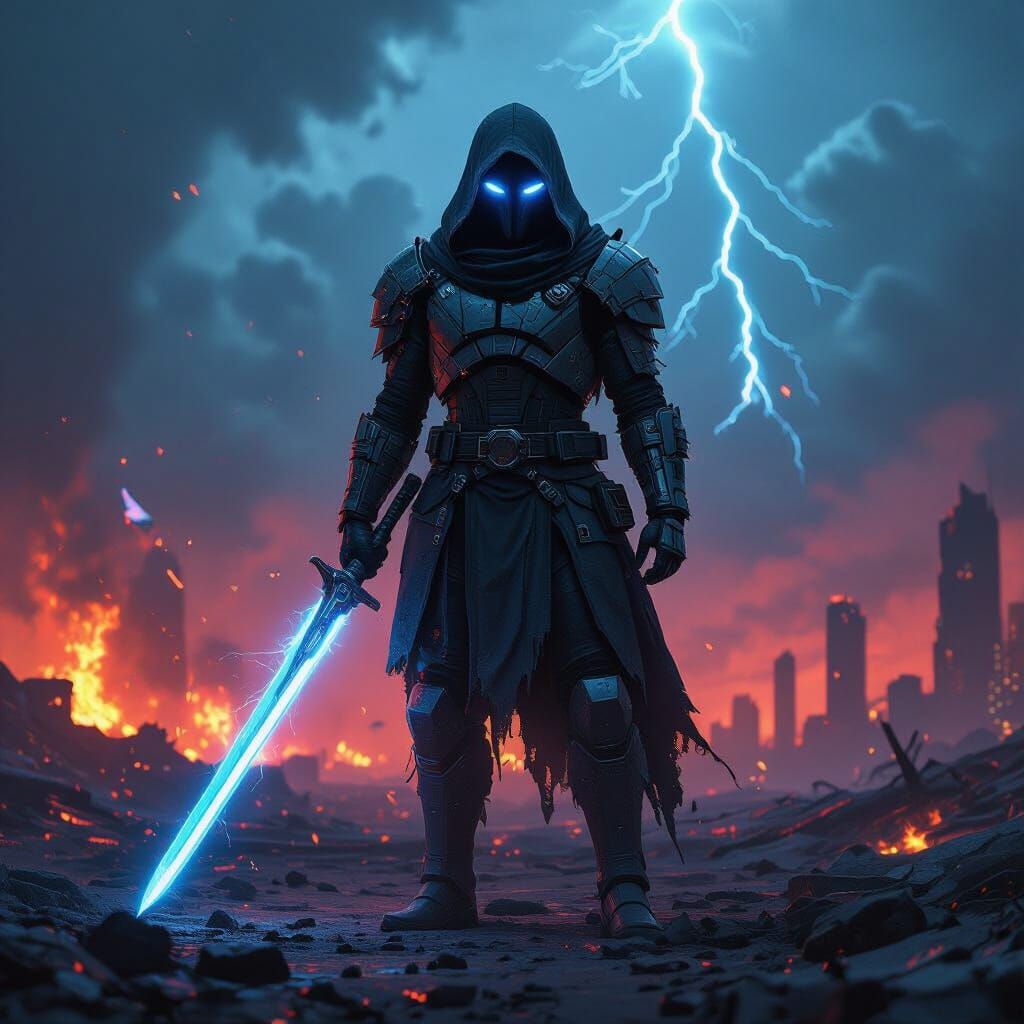 Futuristic Warrior on Shattered Battlefield