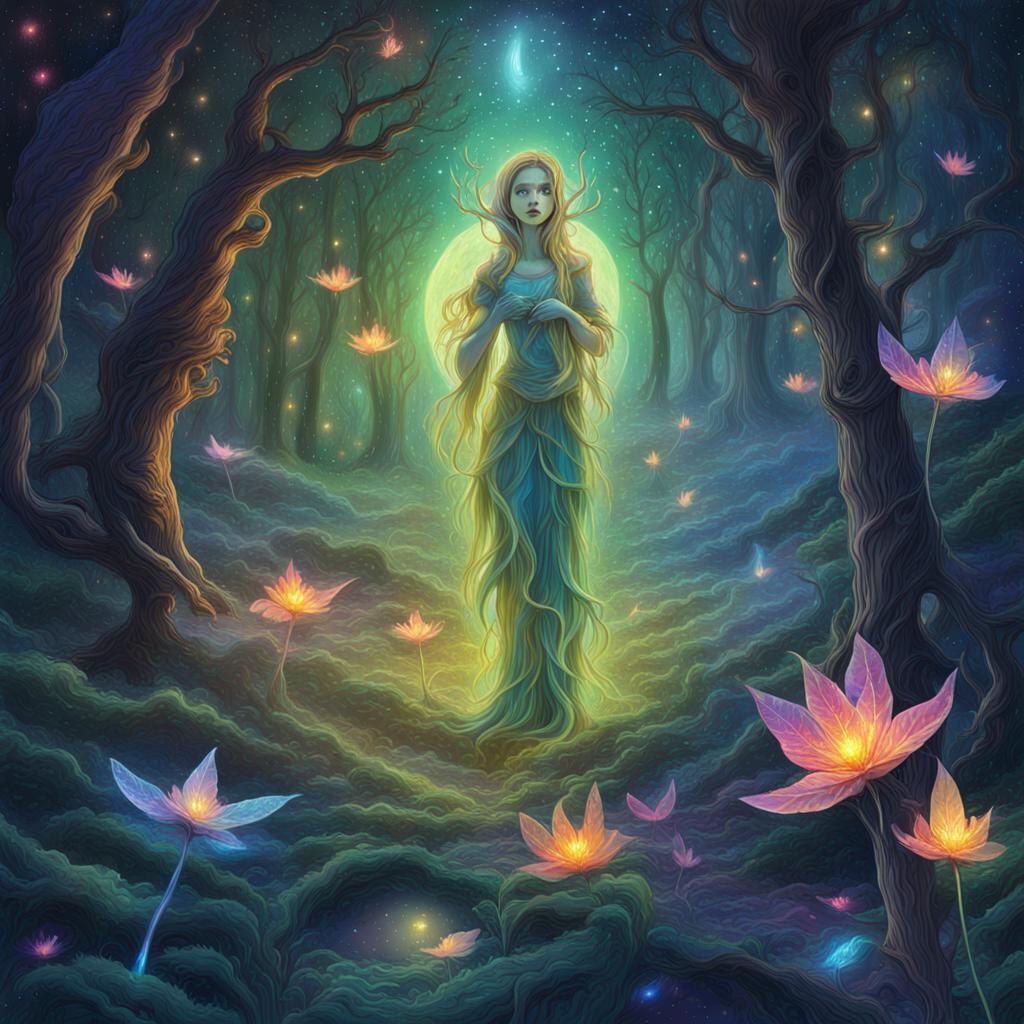 Magical Forest Ghost with Elves and Fireflies