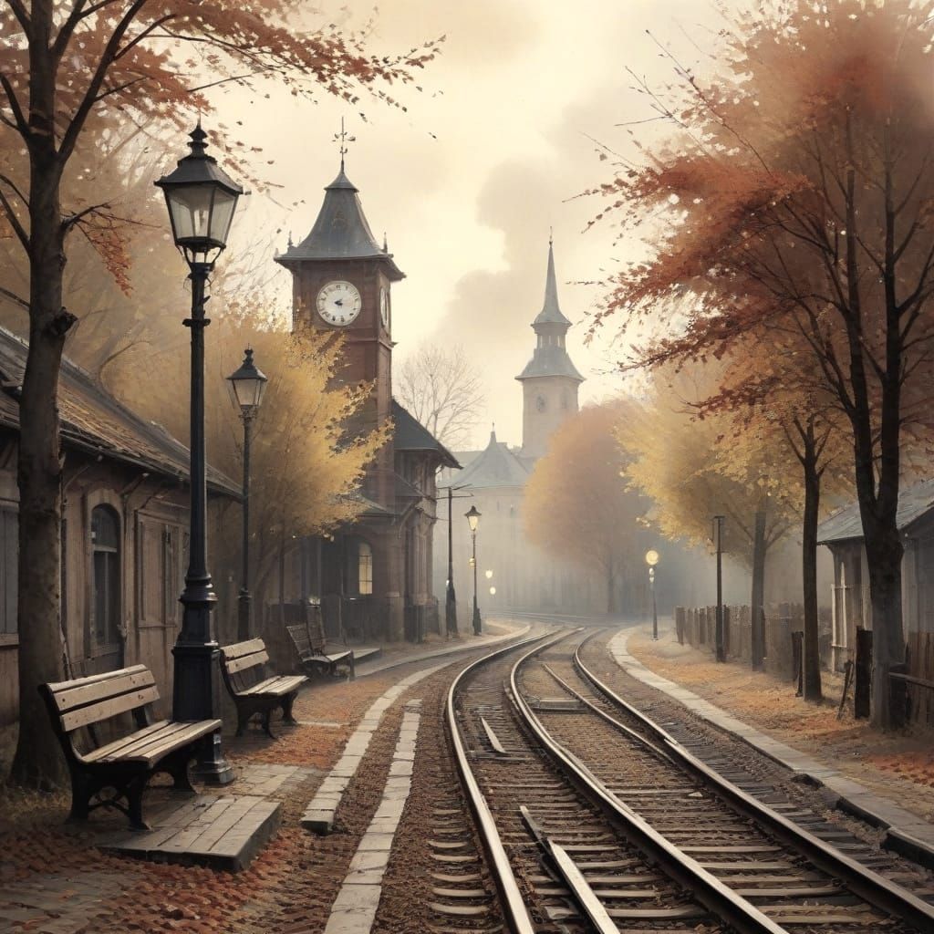 Vintage Rural Town Scene with Train Departure