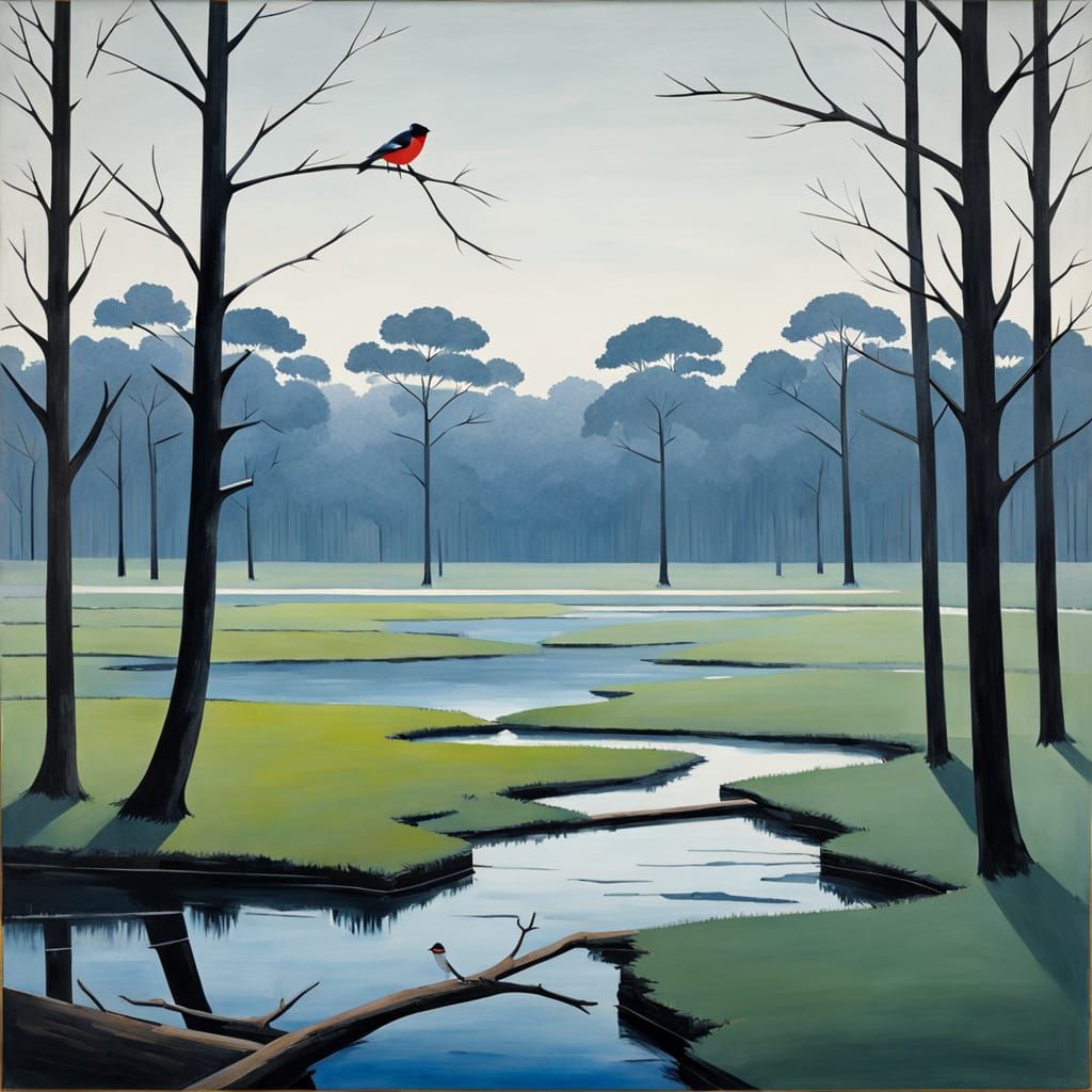 Minimalist Oil Painting: Bullfinch in Landscape