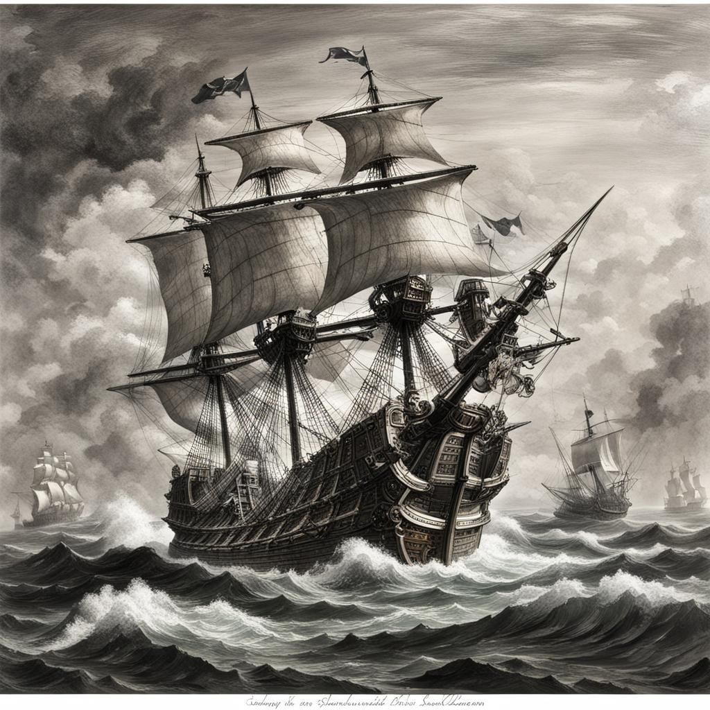 Pirate Ship Battles Spanish Galleon at Sea