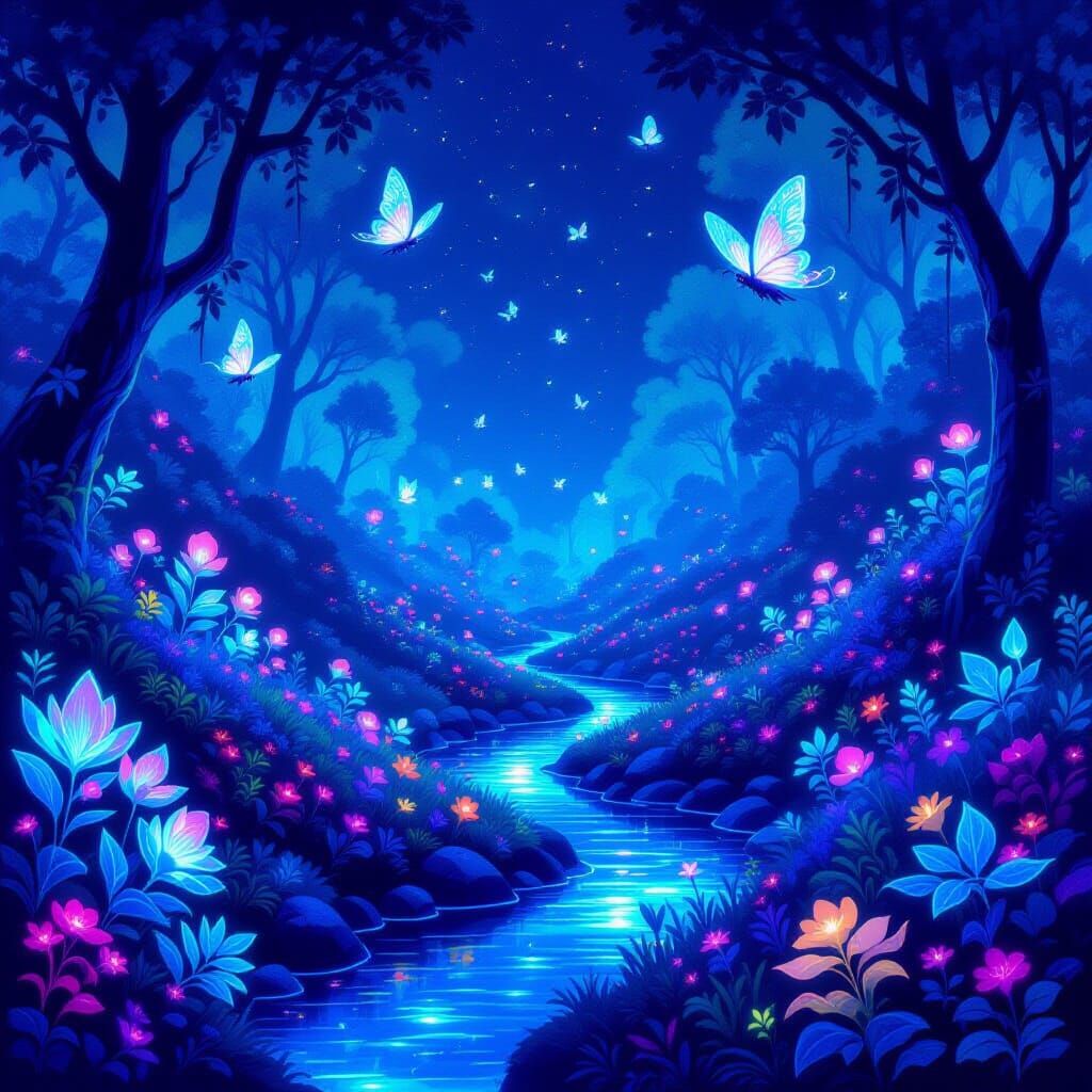Enchanting Fantasy Landscape with Glowing Flora and Fauna