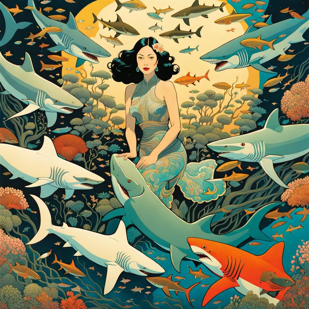 Woman Surrounded by Sharks in Enamel Style