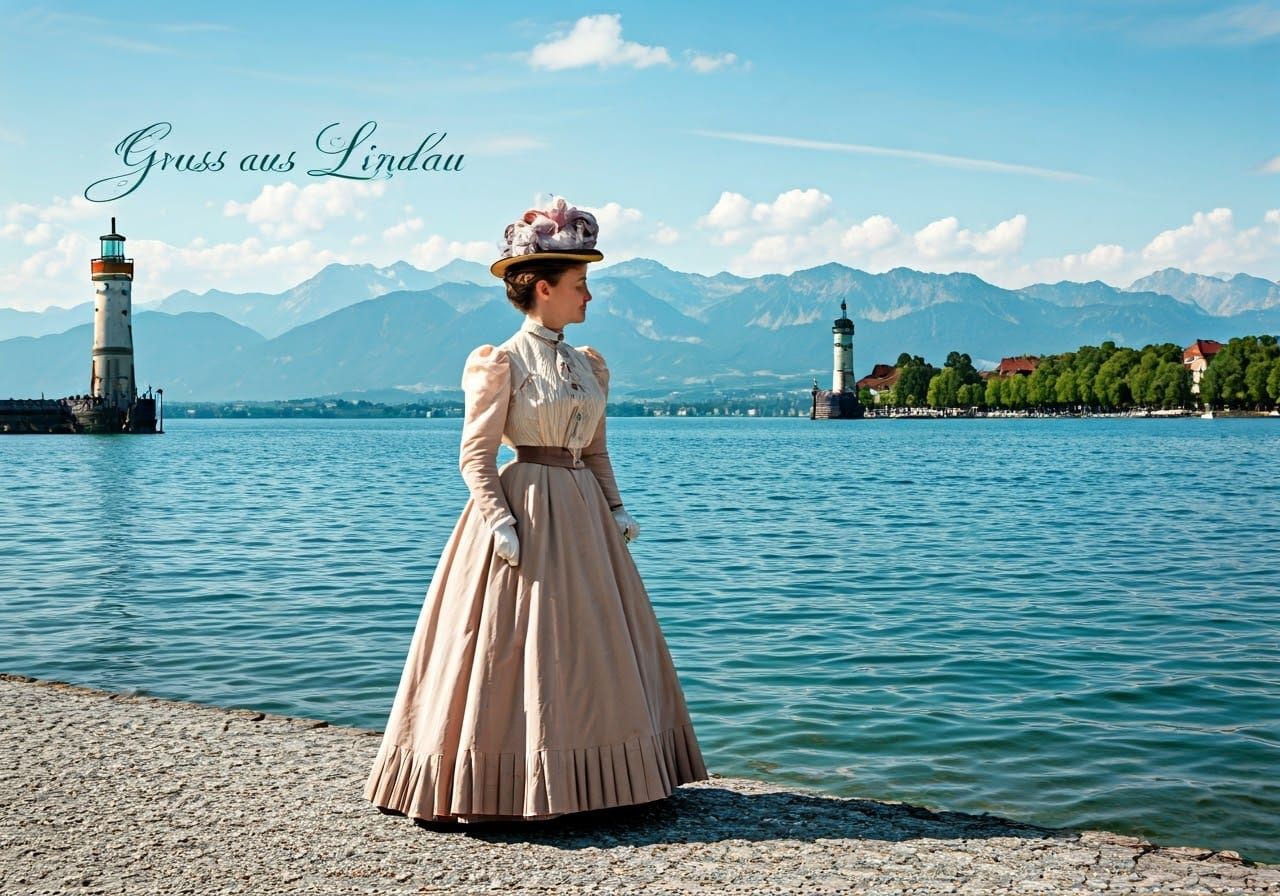 Victorian Lady at Lake Constance: Vintage Postcard