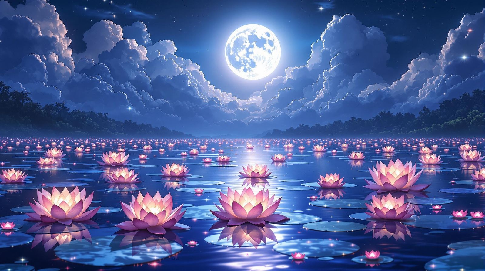 Moonlit Lotus Blooms on Enchanted Lake