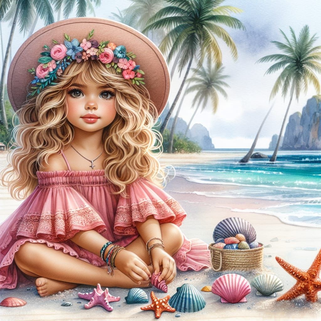 Girl with Seashells: a Watercolor Summer Scene