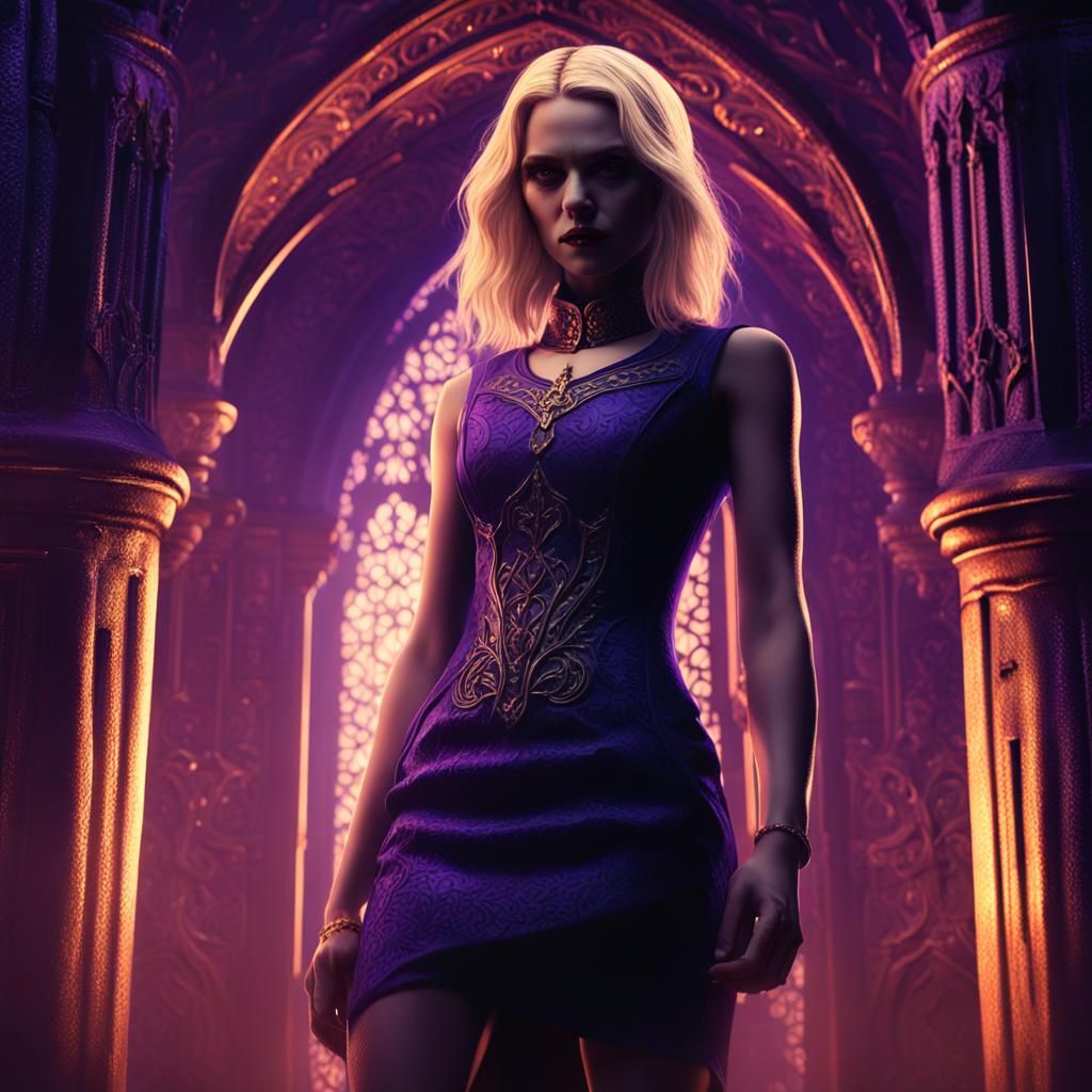 Blonde Vampire in Purple Dress: Digital Art