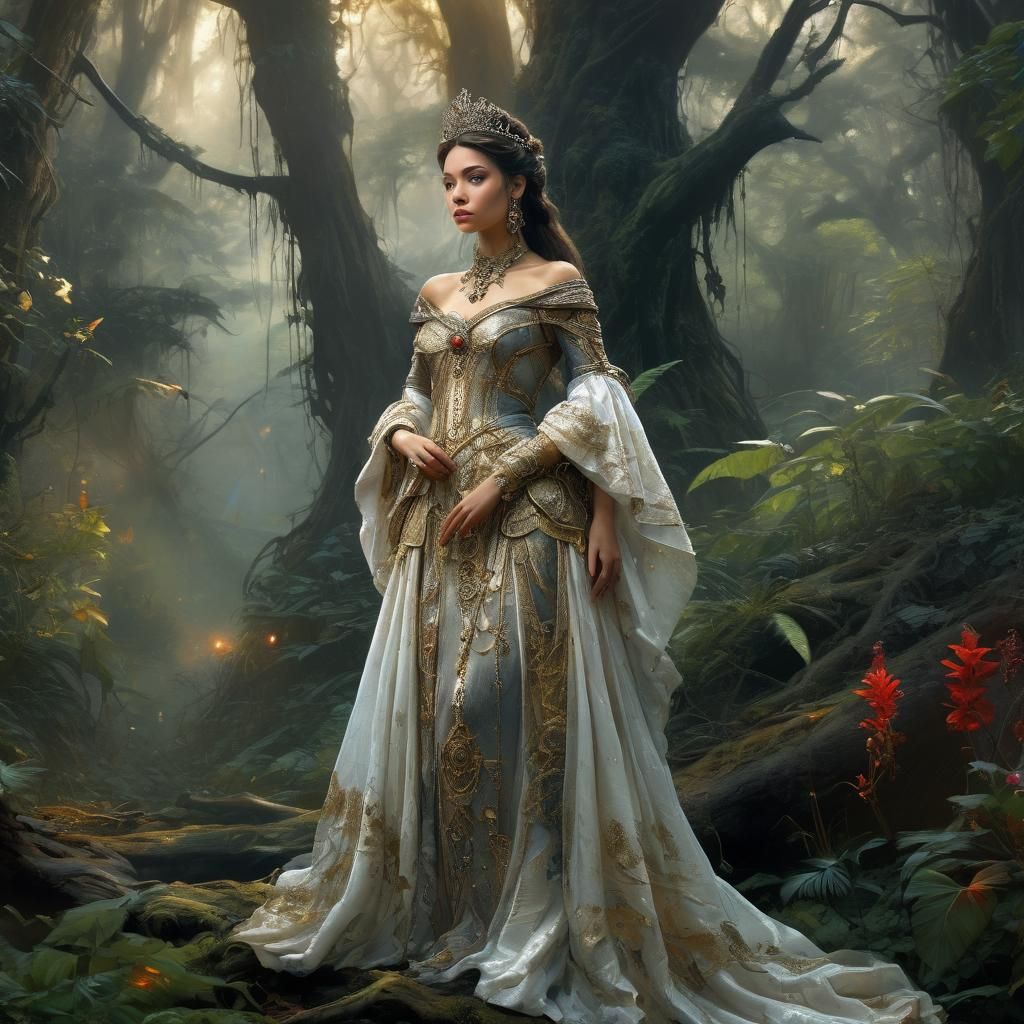 Royal princess, draped in opulent fabrics, pose in a fantasy landscape, evoking the distinctive styles of Luis Royos pow...