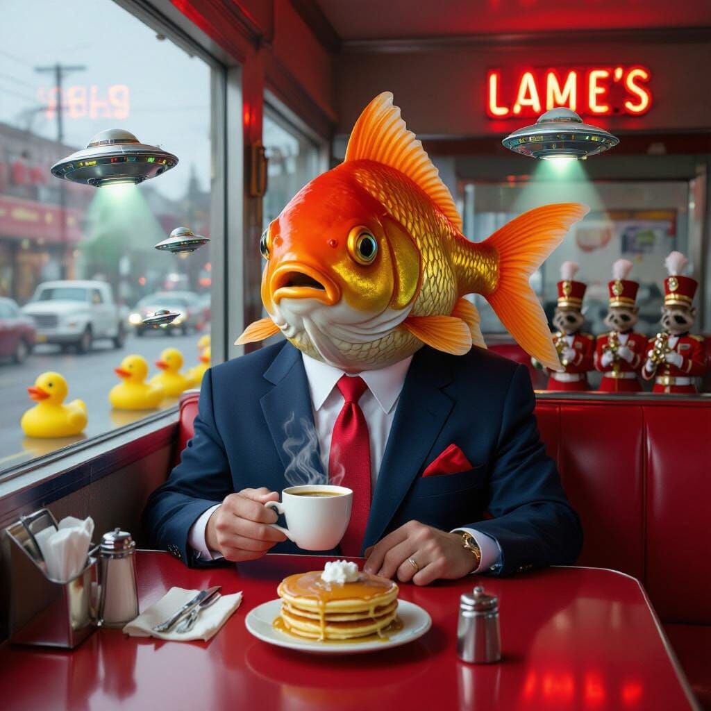 Giant Goldfish in Suit Enjoys Surreal Diner Breakfast