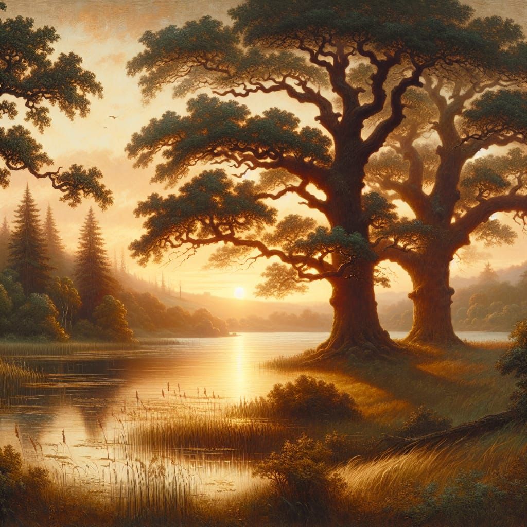 Tranquil Lakeside Landscape in Late 19th Century Oil Paintin...