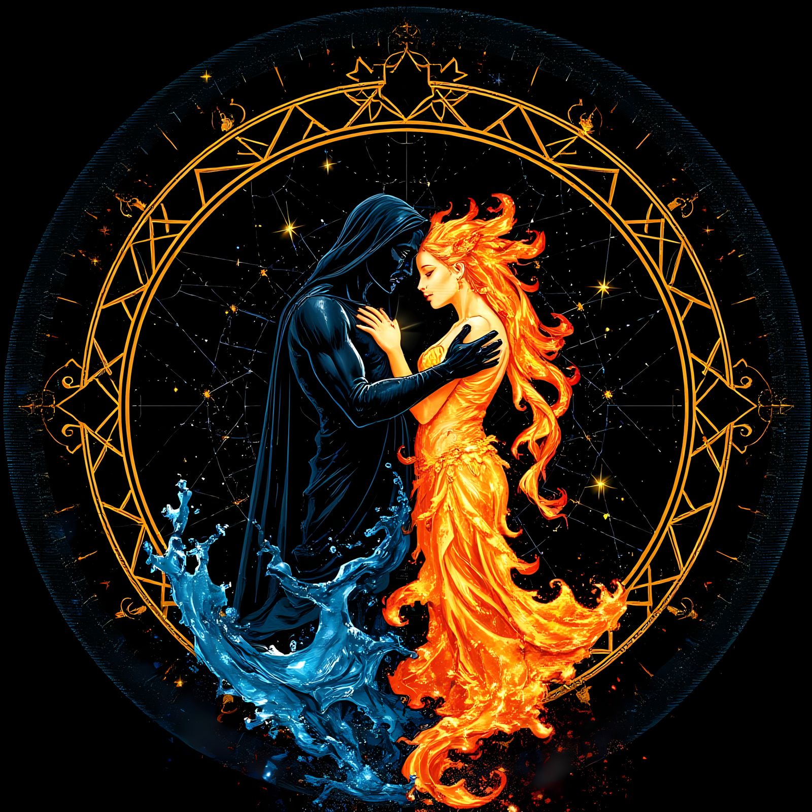 Fire and Water Elementals Embrace in Glitch Art Style
