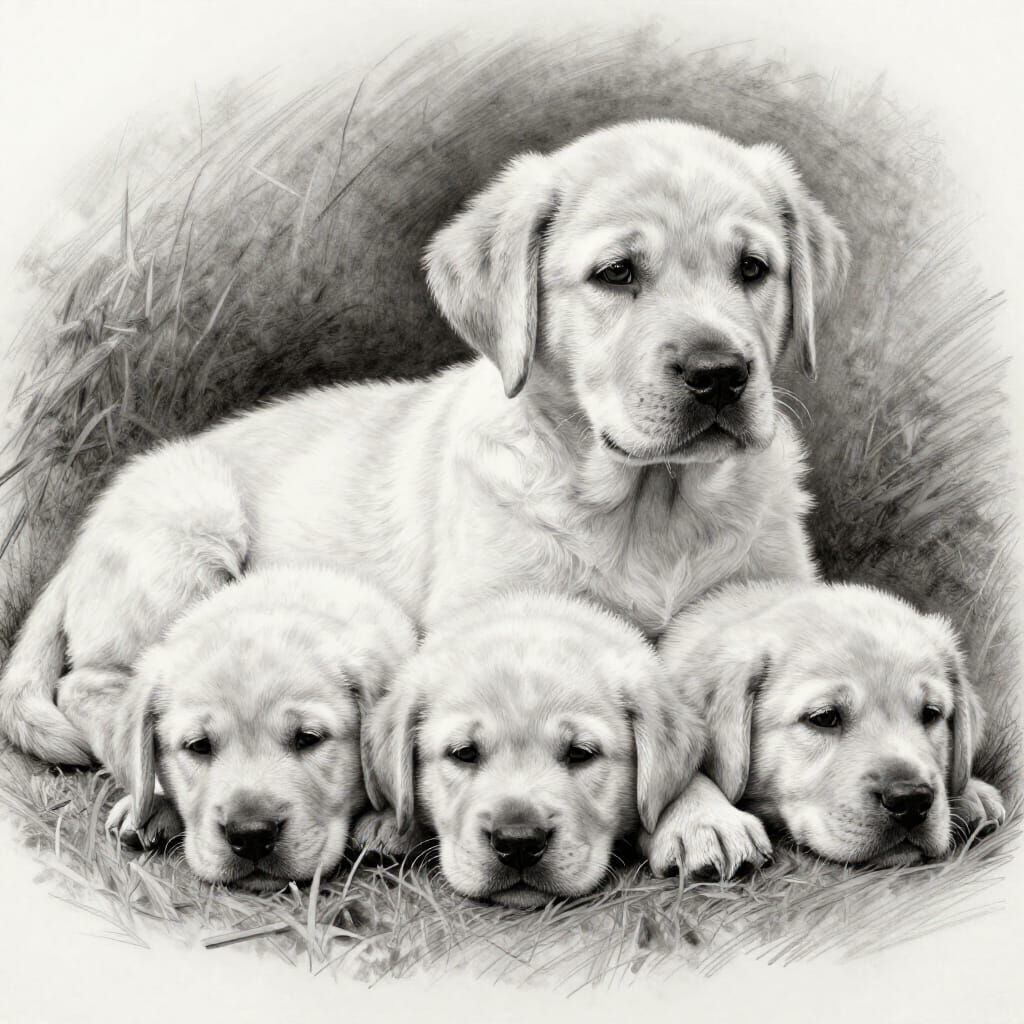 Hyperdetailed Charcoal Drawing of Labrador Puppies with Mum