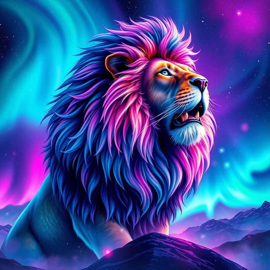 Lion Roaring Under Northern Lights in Holographic Style